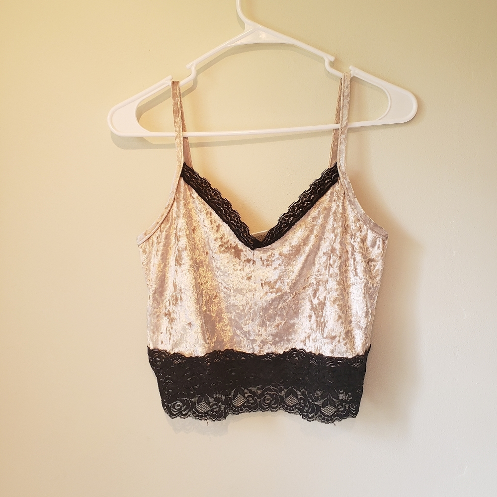 Blue Pink Crushed Velevet Lace Crop Top